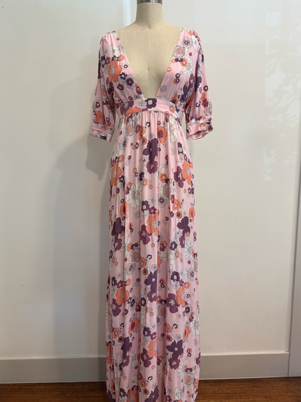 For Love And Lemons Pink Floral Maxi Dress with Purple & Orange Accents